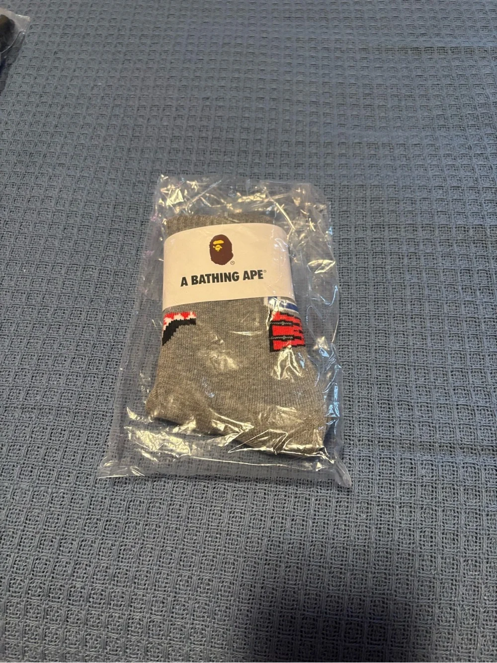 Bape Grey Crew Socks with Red Shark Accent